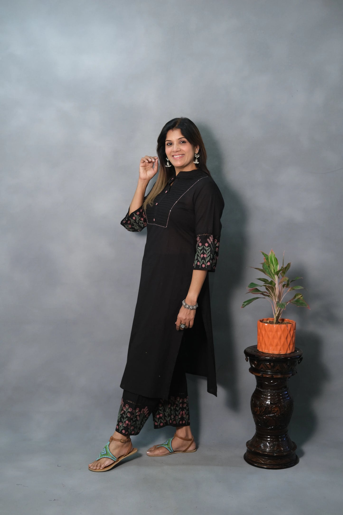 Black Embroidered Kurta Pant Set | Soft Cotton