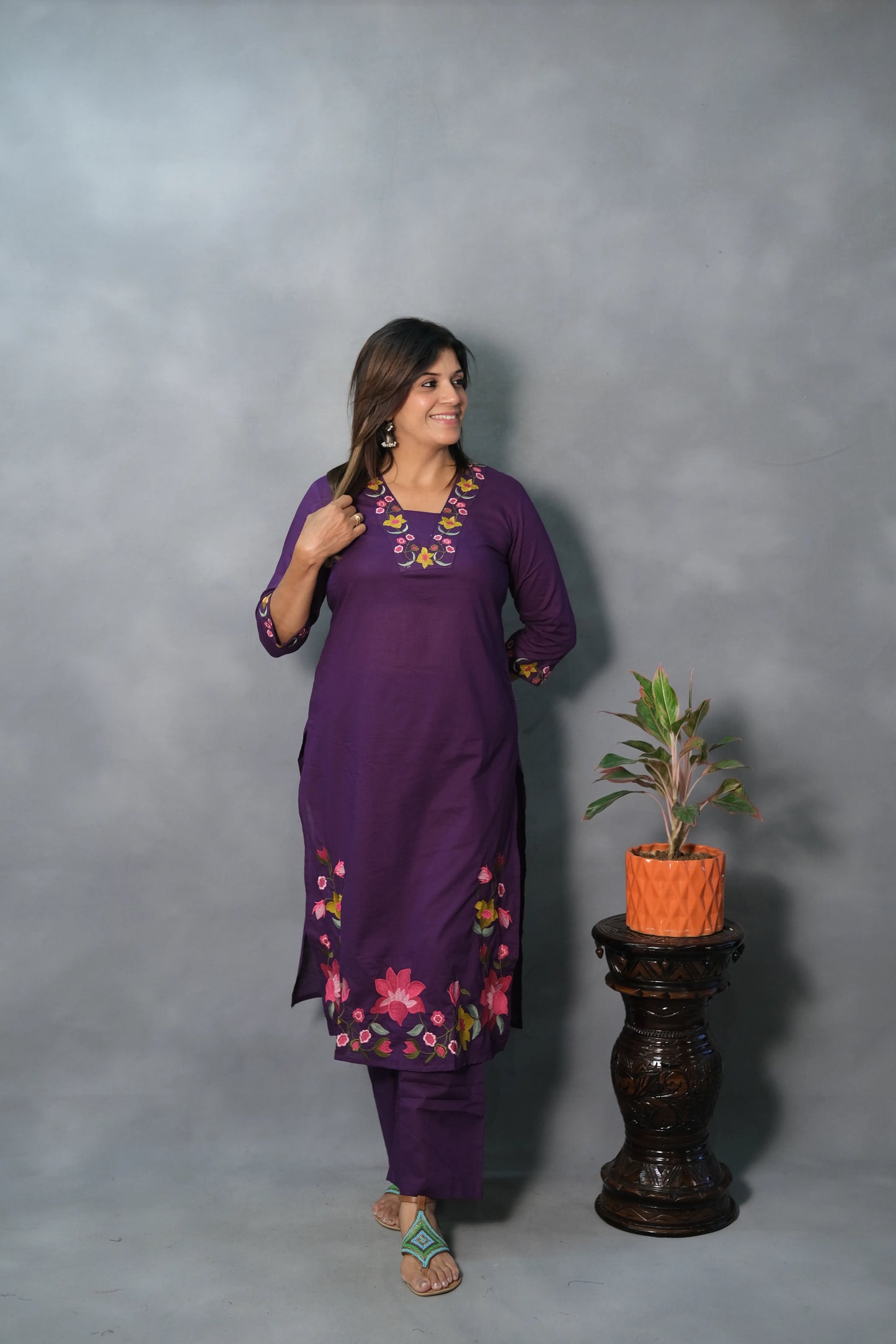 Floral Embroidered Purple Kurta Pant Set | Soft Cotton