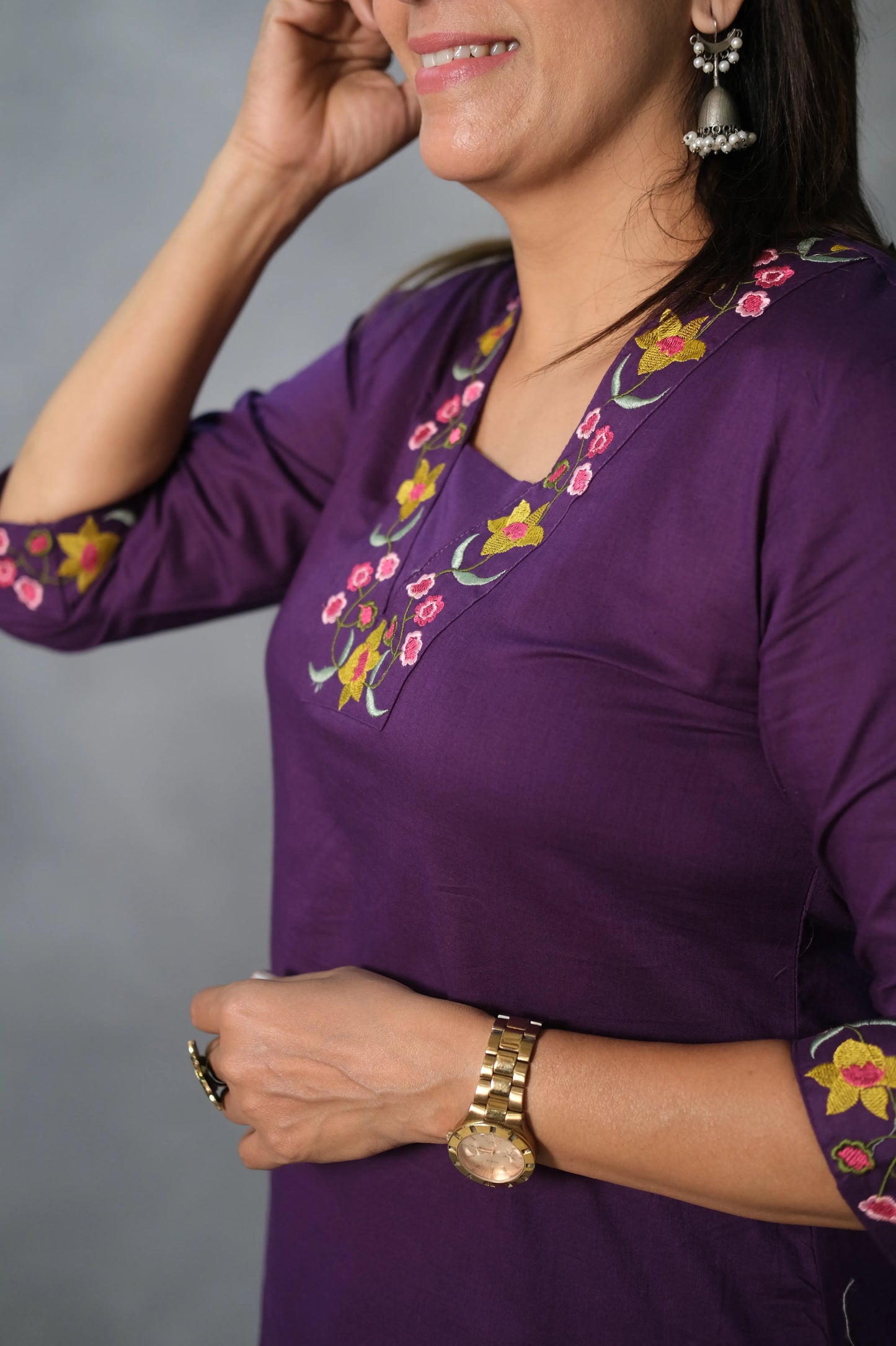 Floral Embroidered Purple Kurta Pant Set | Soft Cotton
