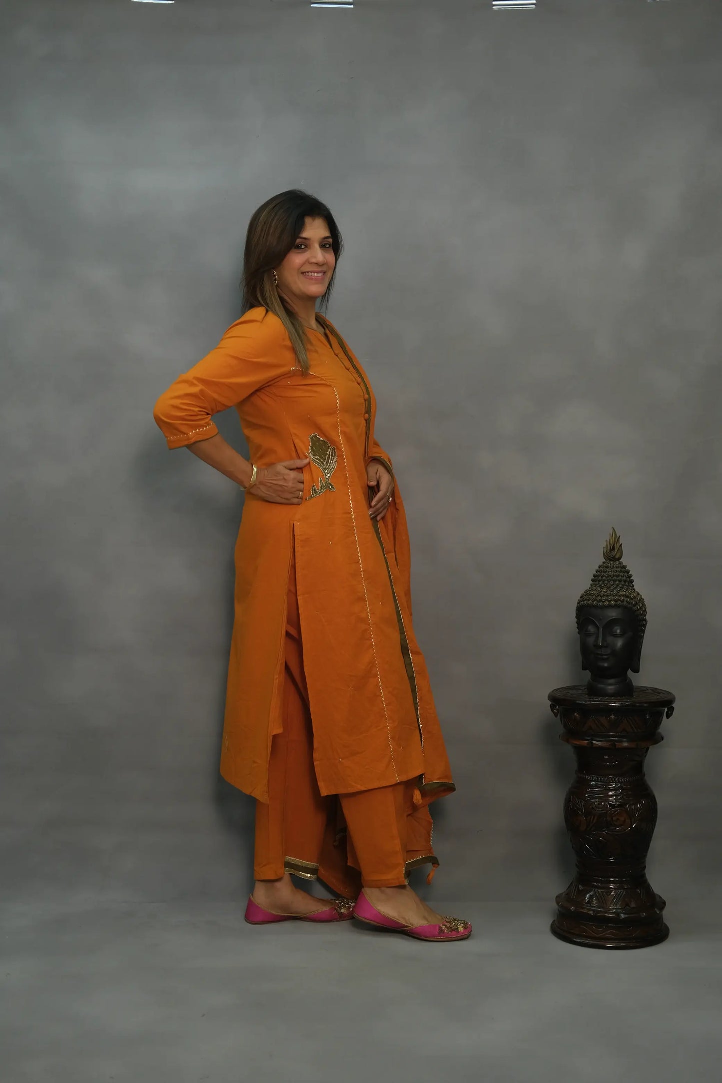 Orange Hand-Embroidered Three-Piece Set with Lining – Premium Festive Wear