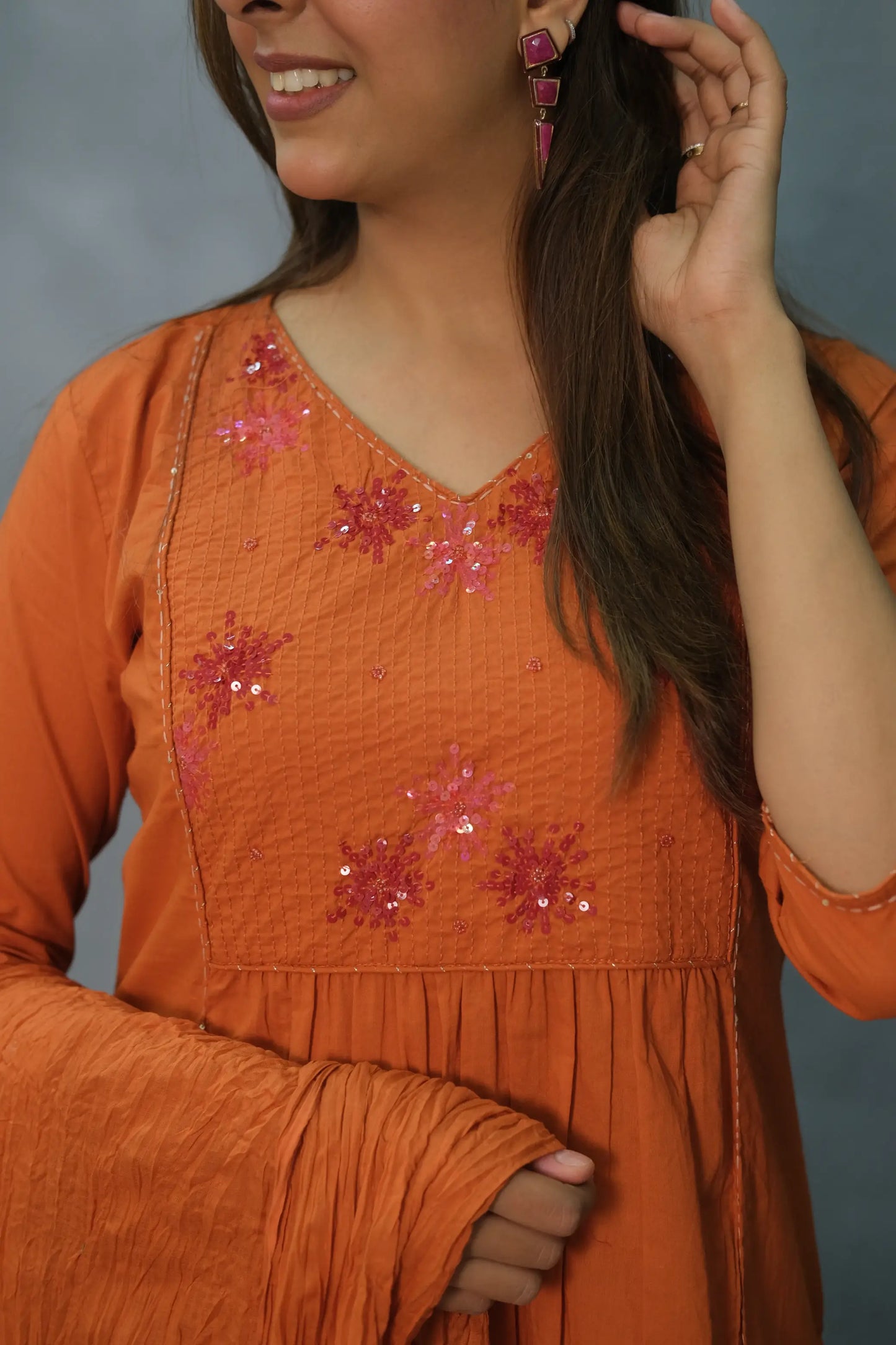 Sequin Embroidered Three-Piece Cotton Set – Elegant Ethnic Wear