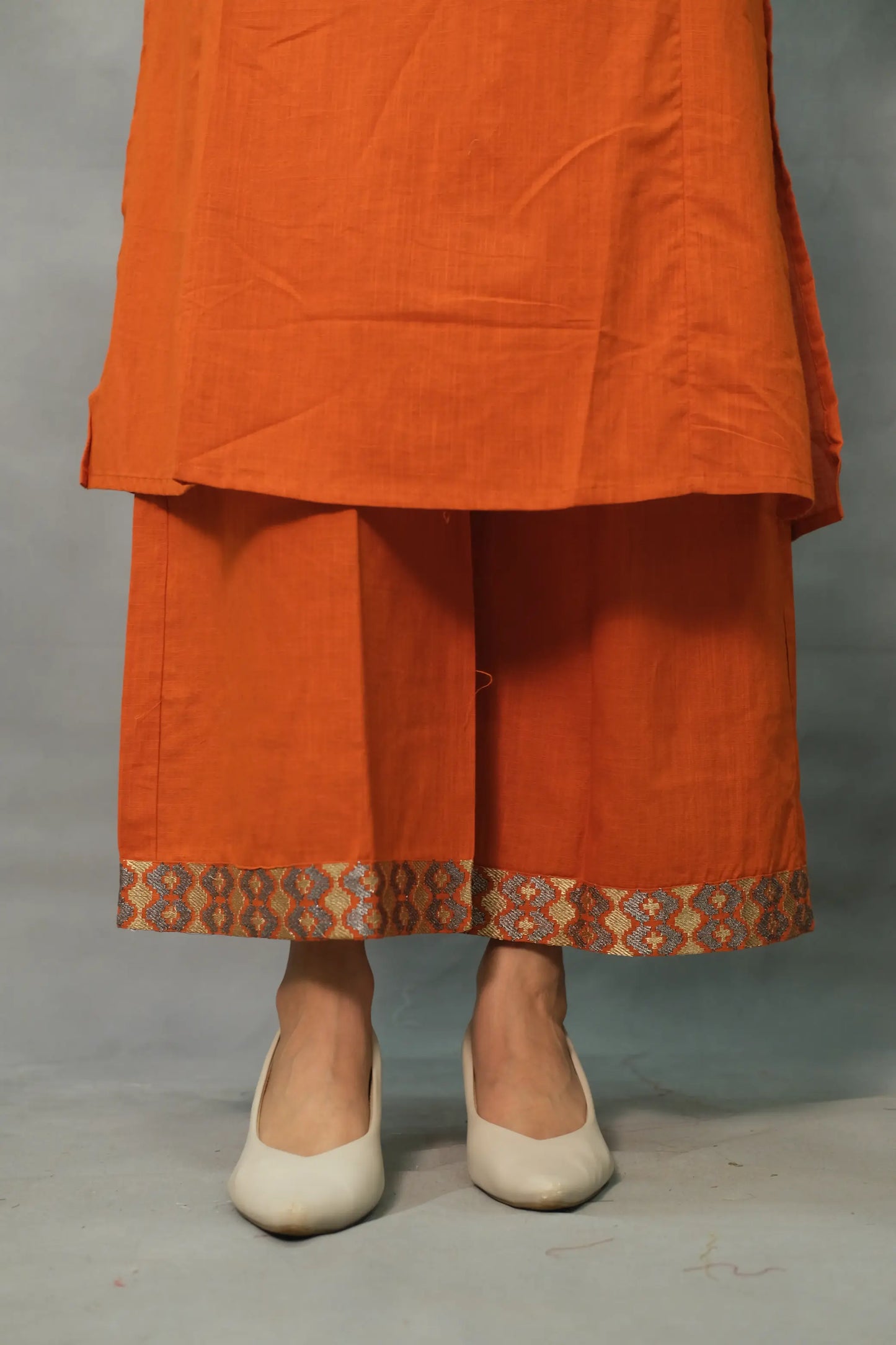 Embroidered Soft Cotton 3-Piece Palazzo Set – Elegant & Stylish | Orange
