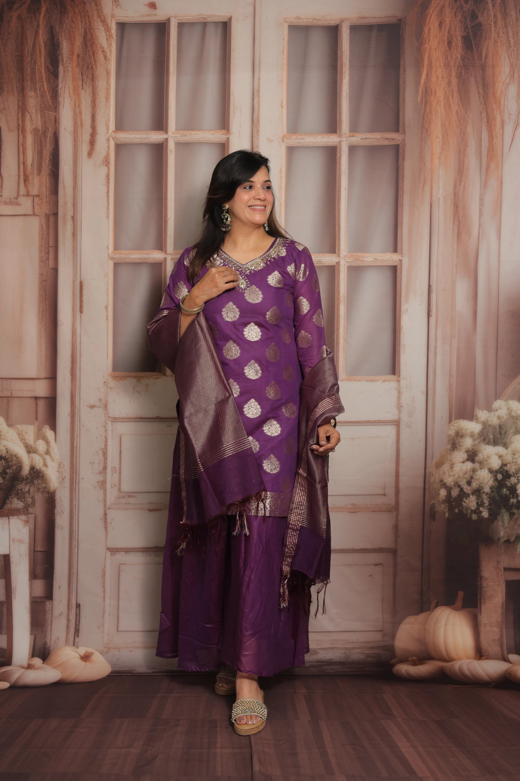 Royal Purple Banarasi Short Kurta Dupatta Set (Plazo Set)  | Mul Chanderi Fabric