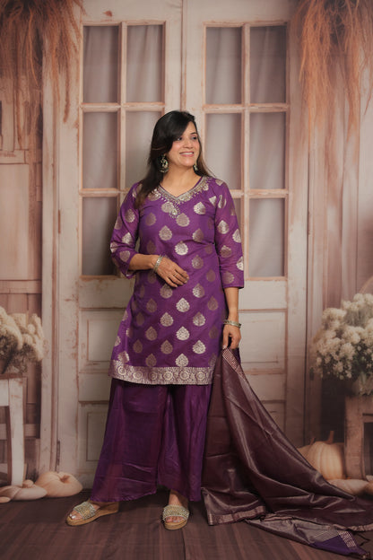 Royal Purple Banarasi Short Kurta Dupatta Set (Plazo Set)  | Mul Chanderi Fabric
