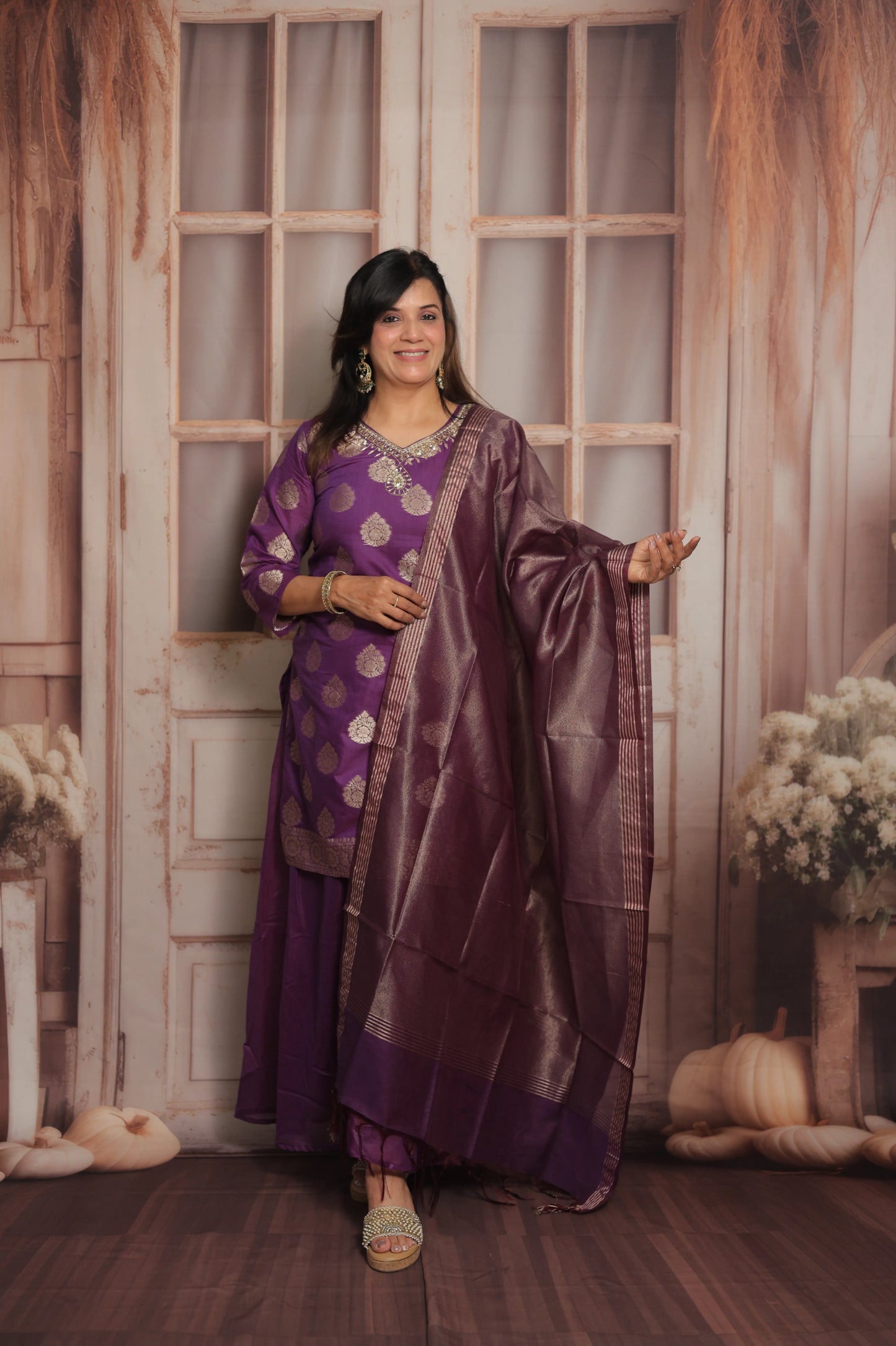 Royal Purple Banarasi Short Kurta Dupatta Set (Plazo Set)  | Mul Chanderi Fabric