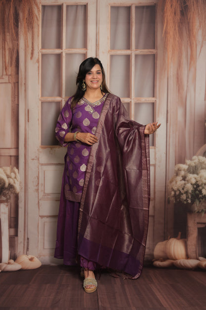 Royal Purple Banarasi Short Kurta Dupatta Set (Plazo Set)  | Mul Chanderi Fabric