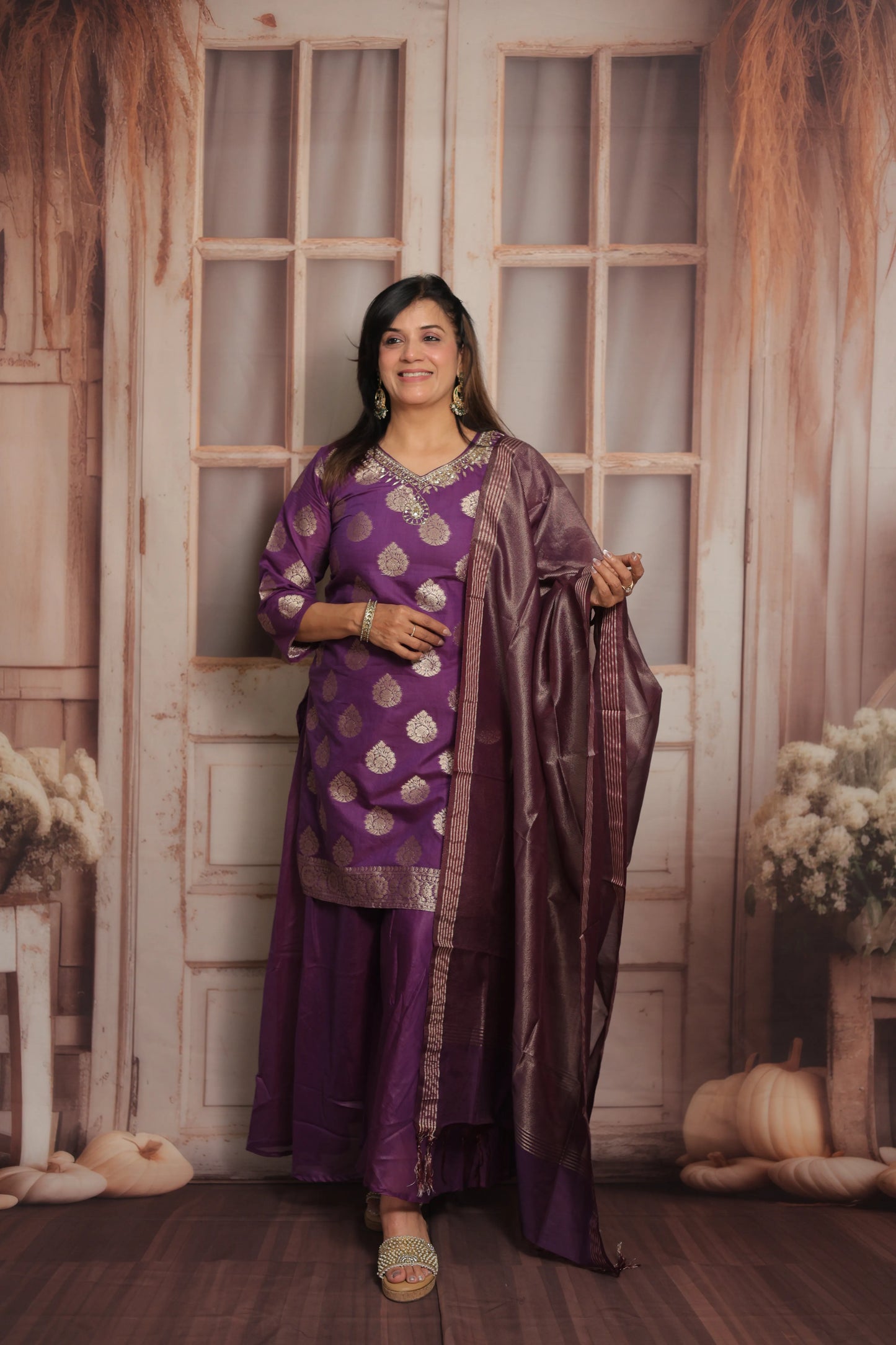 Royal Purple Banarasi Short Kurta Dupatta Set (Plazo Set)  | Mul Chanderi Fabric