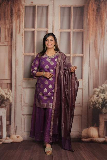 Royal Purple Banarasi Short Kurta Dupatta Set (Plazo Set)  | Mul Chanderi Fabric