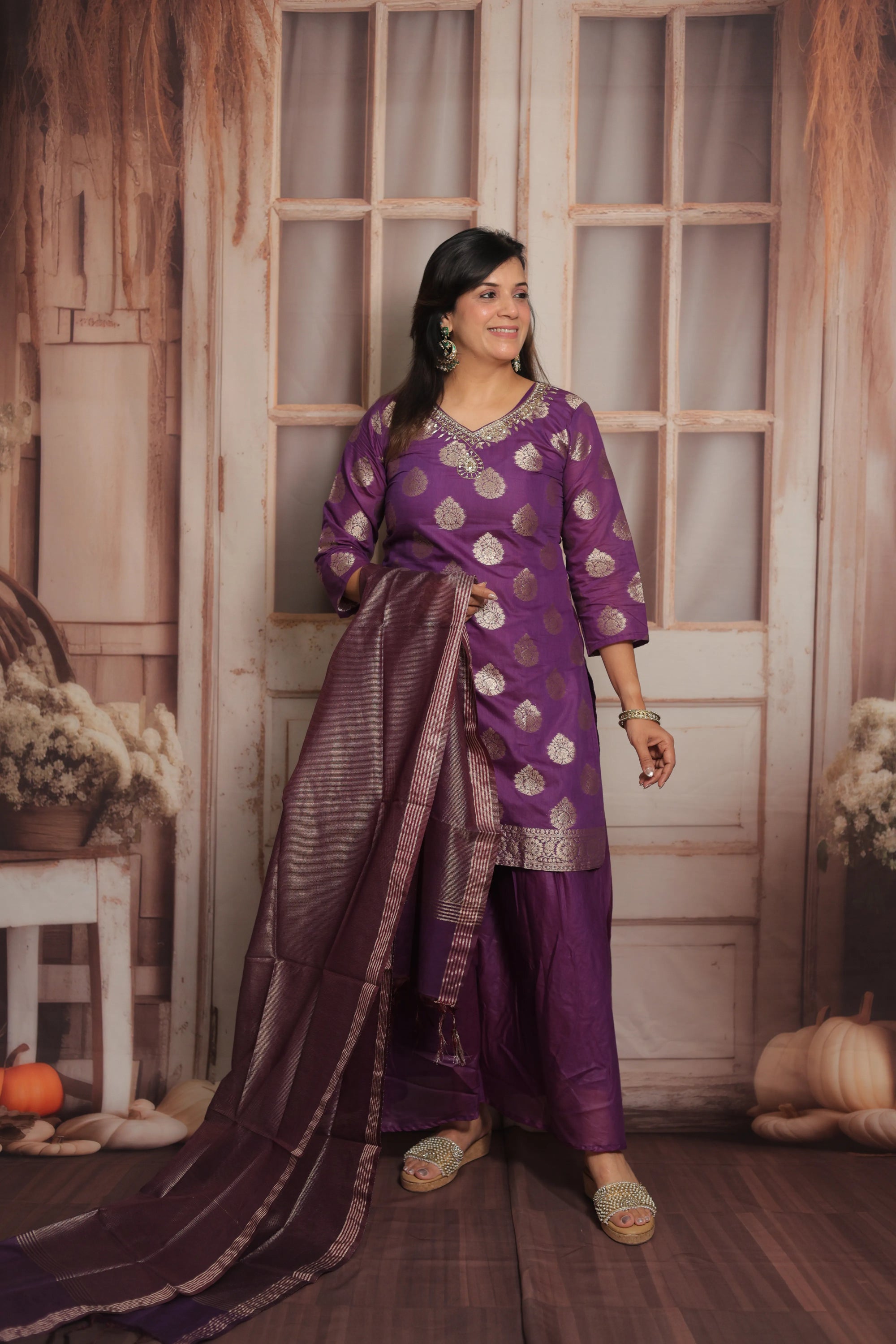 Royal Purple Banarasi Short Kurta Dupatta Set (Plazo Set)  | Mul Chanderi Fabric