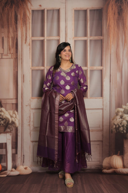 Royal Purple Banarasi Short Kurta Dupatta Set (Plazo Set)  | Mul Chanderi Fabric