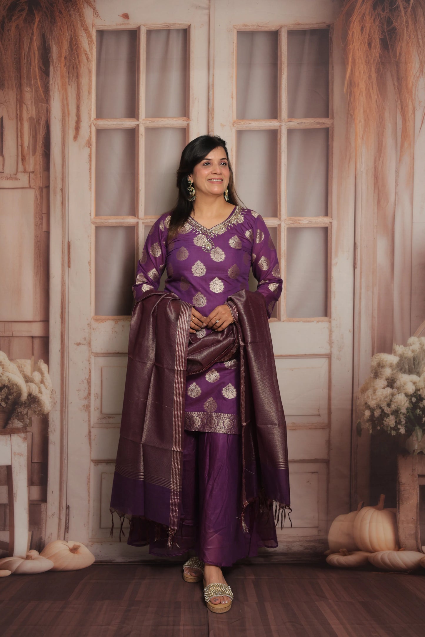 Royal Purple Banarasi Short Kurta Dupatta Set (Plazo Set)  | Mul Chanderi Fabric