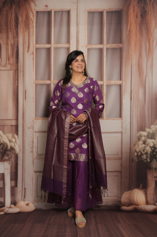 Royal Purple Banarasi Short Kurta Dupatta Set (Plazo Set)  | Mul Chanderi Fabric