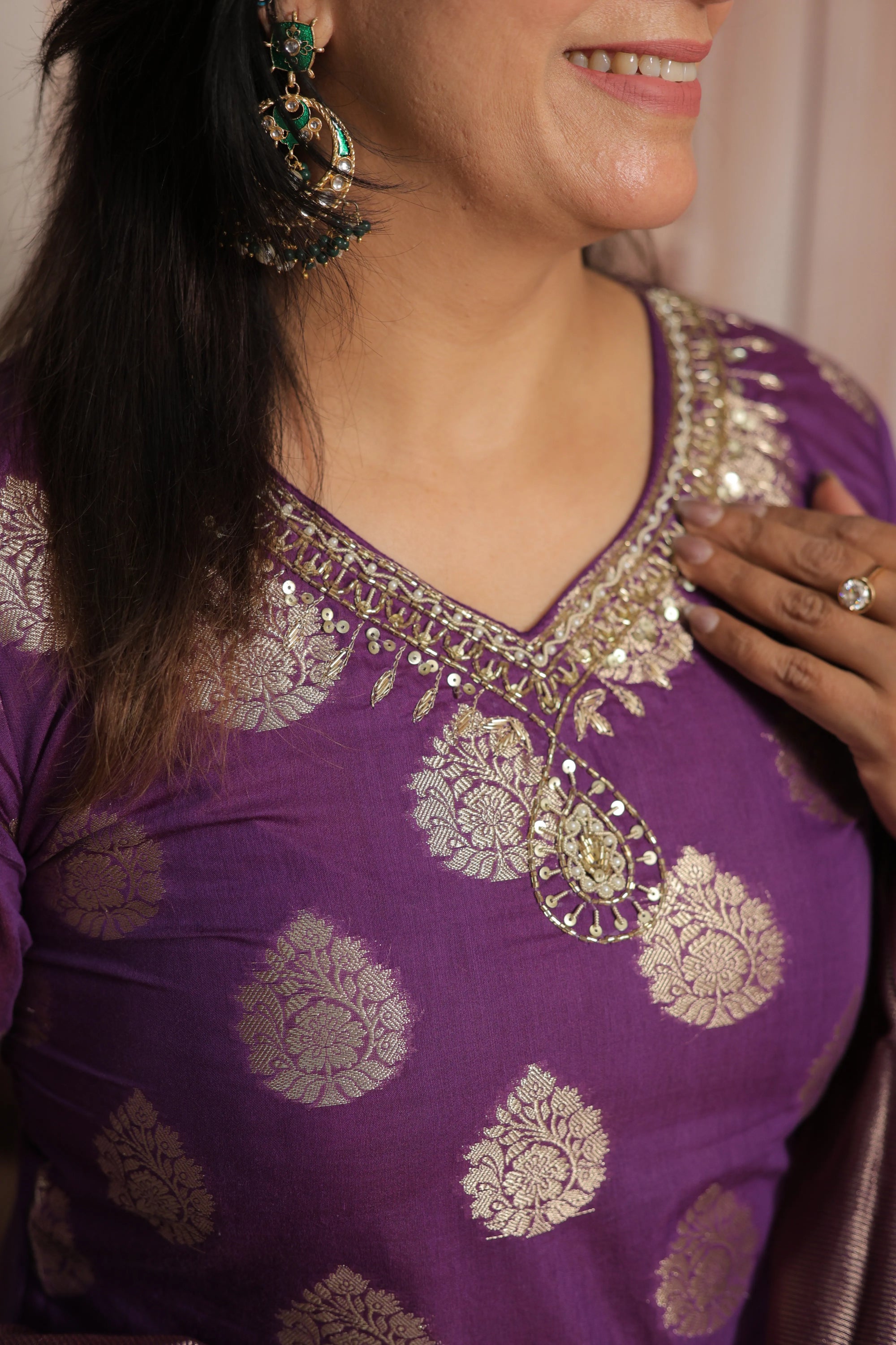 Royal Purple Banarasi Short Kurta Dupatta Set (Plazo Set)  | Mul Chanderi Fabric