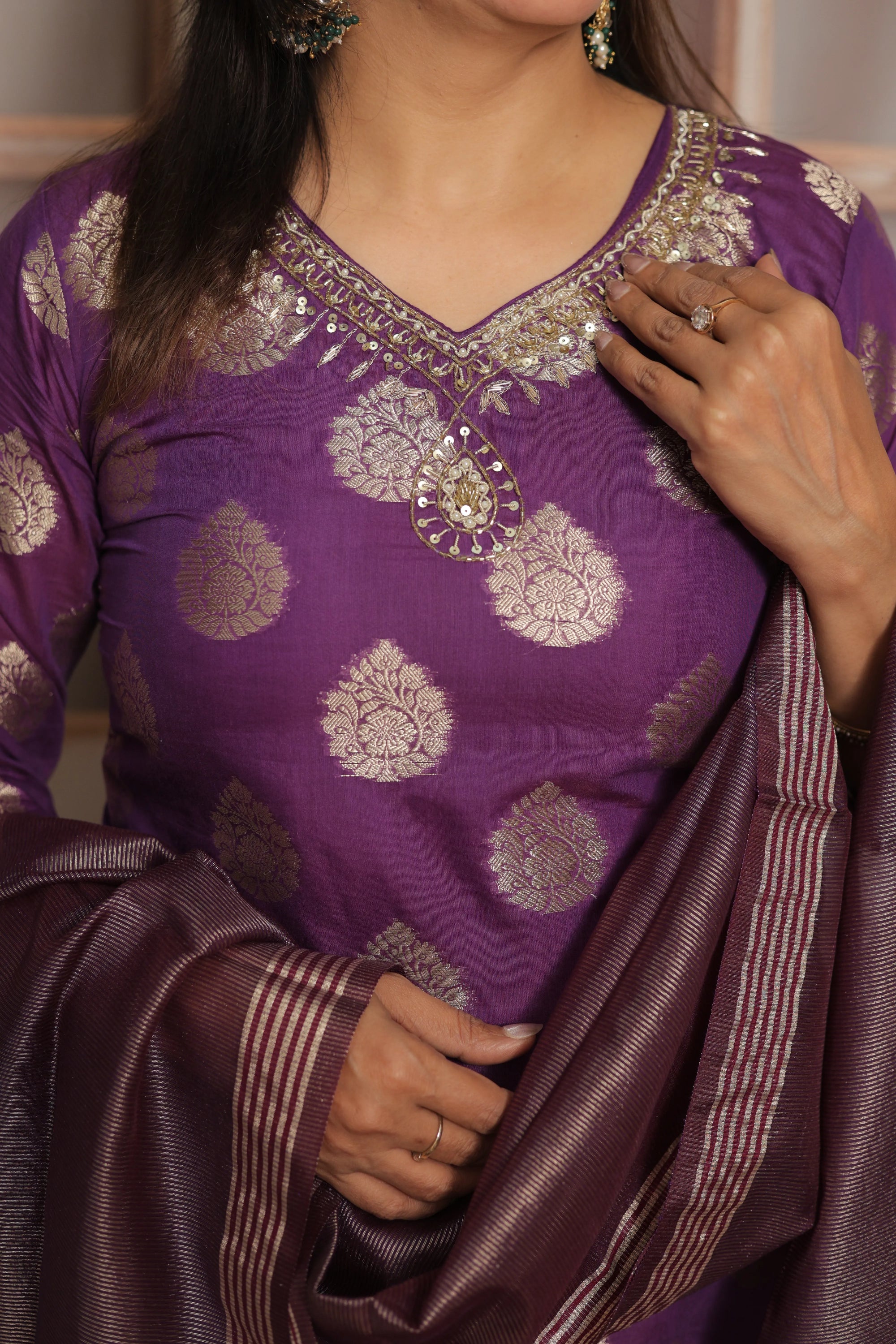 Royal Purple Banarasi Short Kurta Dupatta Set (Plazo Set)  | Mul Chanderi Fabric