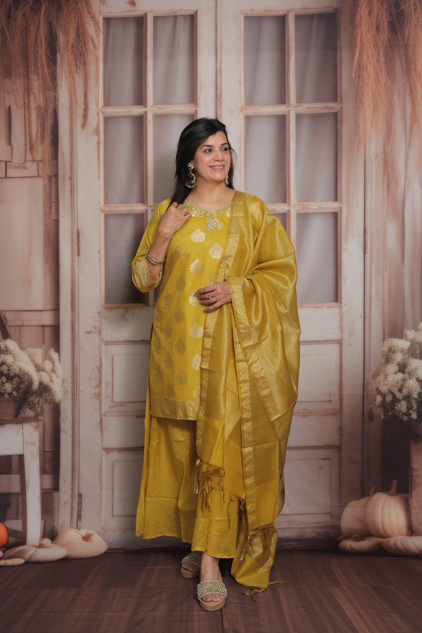Mustard Banarasi Short Kurta Dupatta Set (Plazo Set) | Sequin & Pearl Embroidery