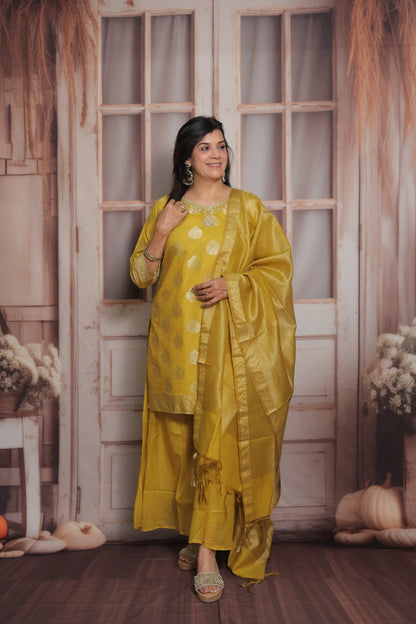 Mustard Banarasi Short Kurta Dupatta Set (Plazo Set) | Sequin & Pearl Embroidery