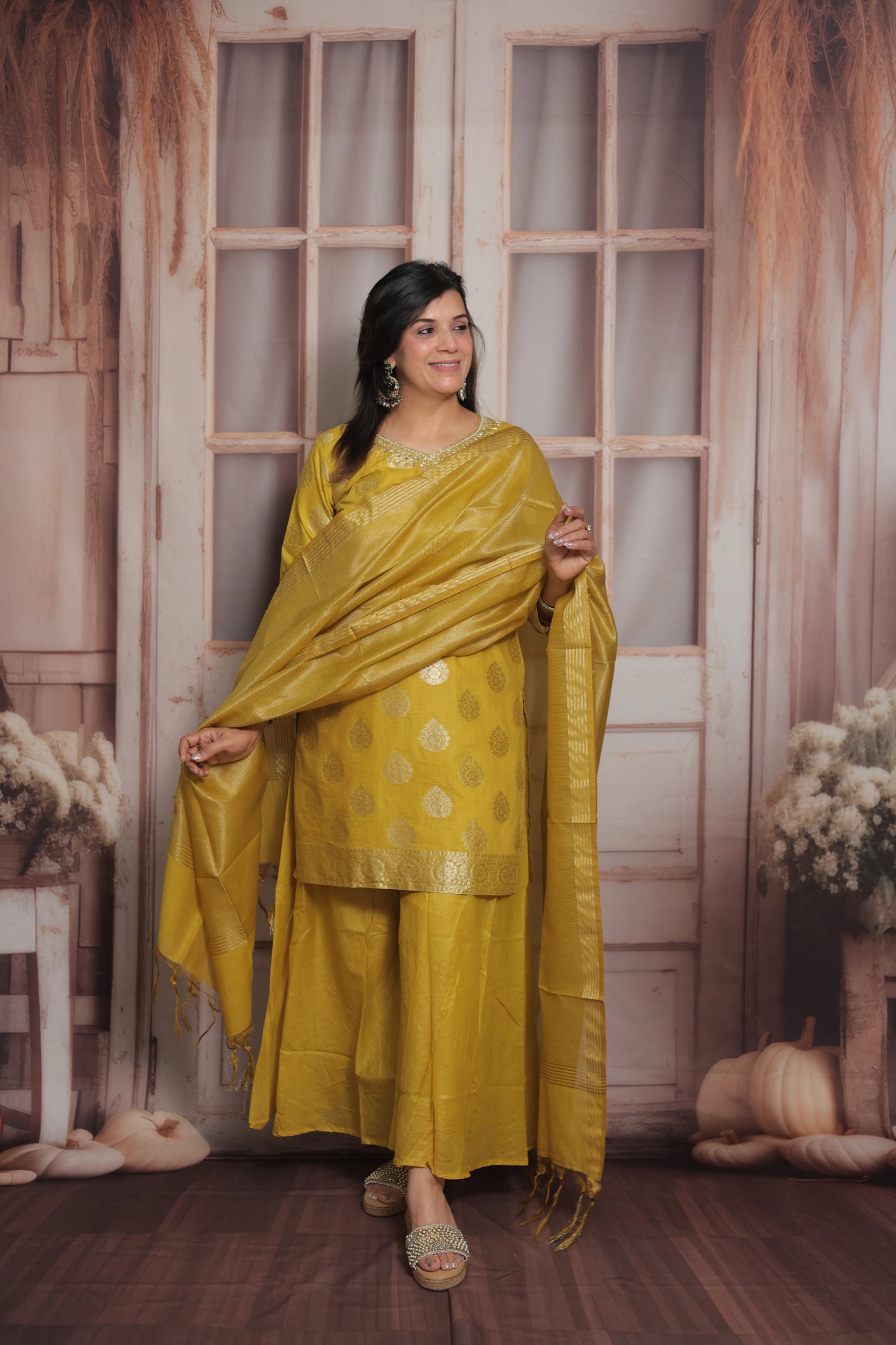Mustard Banarasi Short Kurta Dupatta Set (Plazo Set) | Sequin & Pearl Embroidery