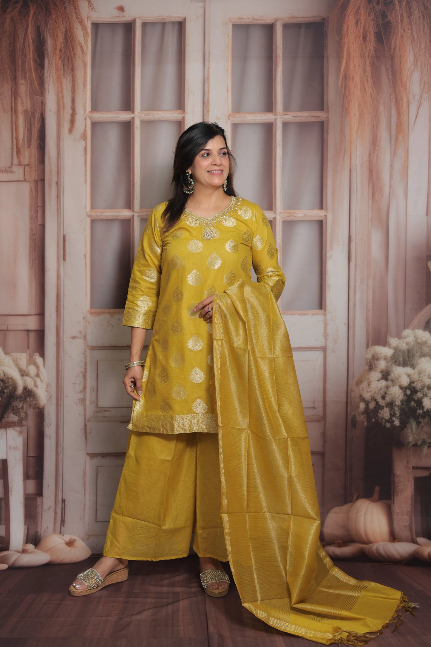 Mustard Banarasi Short Kurta Dupatta Set (Plazo Set) | Sequin & Pearl Embroidery