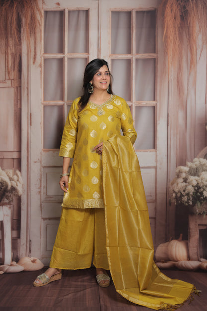 Mustard Banarasi Short Kurta Dupatta Set (Plazo Set) | Sequin & Pearl Embroidery