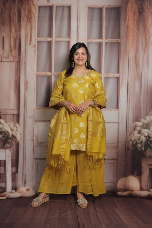 Mustard Banarasi Short Kurta Dupatta Set (Plazo Set) | Sequin & Pearl Embroidery