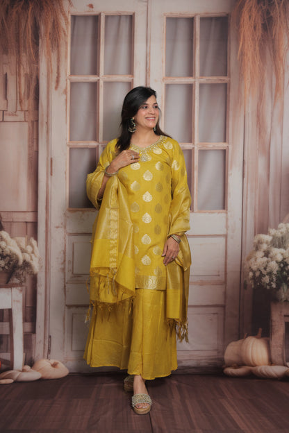 Mustard Banarasi Short Kurta Dupatta Set (Plazo Set) | Sequin & Pearl Embroidery