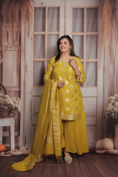 Mustard Banarasi Short Kurta Dupatta Set (Plazo Set) | Sequin & Pearl Embroidery