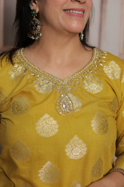 Mustard Banarasi Short Kurta Dupatta Set (Plazo Set) | Sequin & Pearl Embroidery