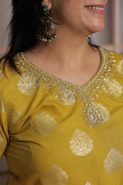 Mustard Banarasi Short Kurta Dupatta Set (Plazo Set) | Sequin & Pearl Embroidery