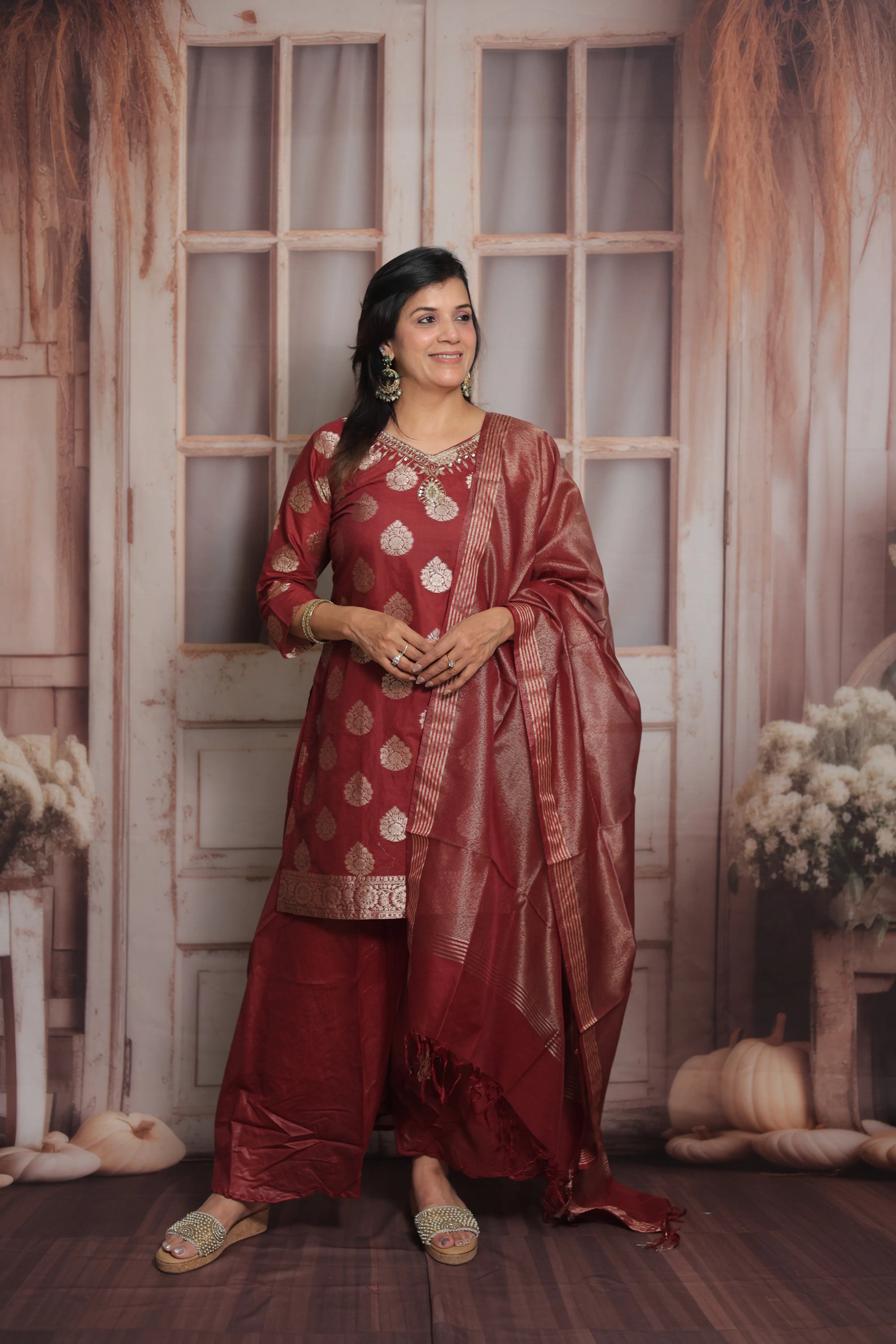 Burnt Maroon Banarasi Short Kurta Dupatta Set (Plazo Set) | Sequin & Pearl Embroidery