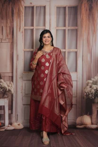 Burnt Maroon Banarasi Short Kurta Dupatta Set (Plazo Set) | Sequin & Pearl Embroidery