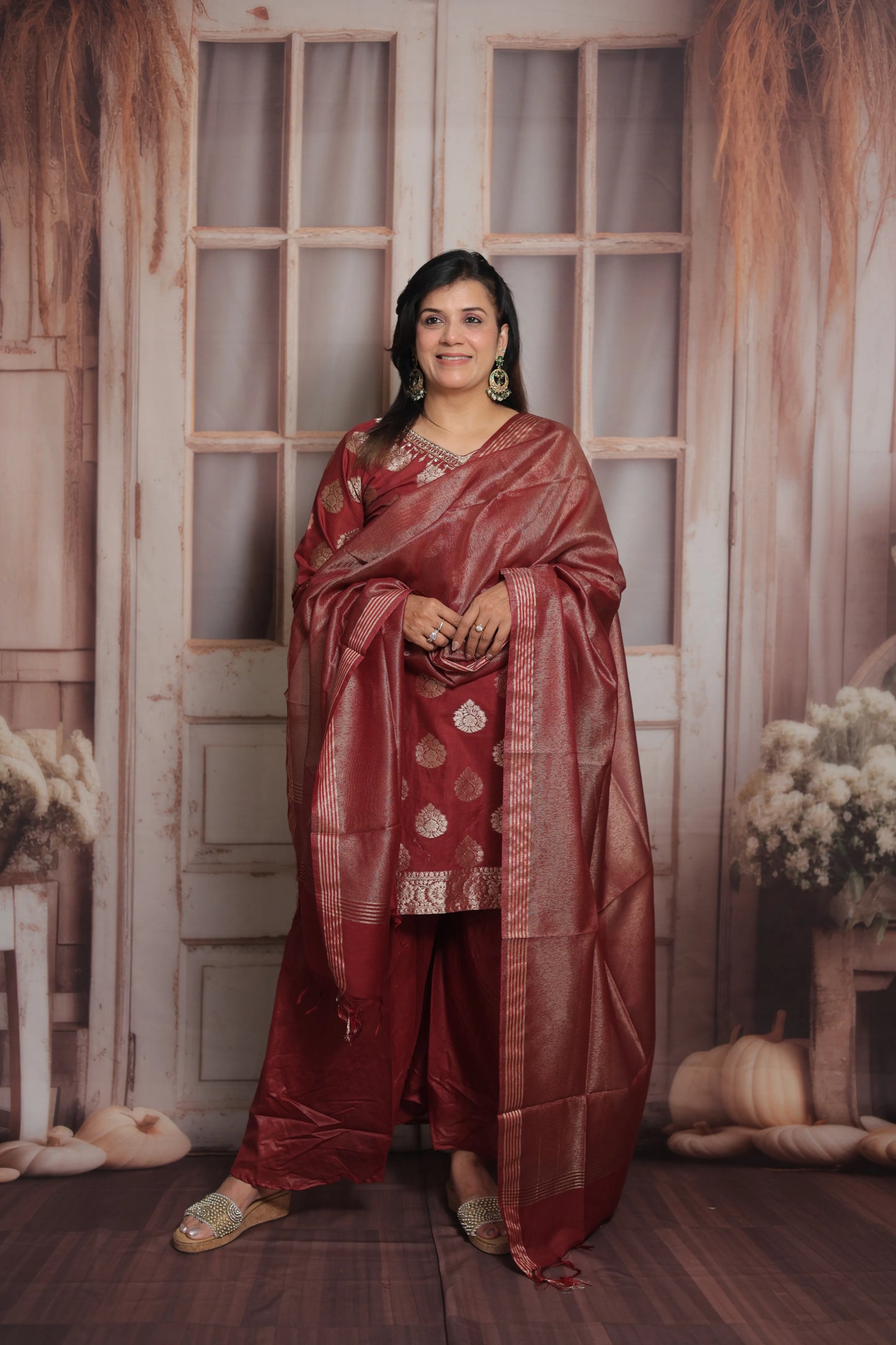 Burnt Maroon Banarasi Short Kurta Dupatta Set (Plazo Set) | Sequin & Pearl Embroidery