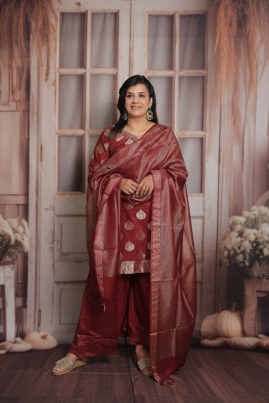 Burnt Maroon Banarasi Short Kurta Dupatta Set (Plazo Set) | Sequin & Pearl Embroidery