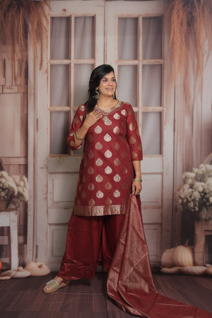 Burnt Maroon Banarasi Short Kurta Dupatta Set (Plazo Set) | Sequin & Pearl Embroidery