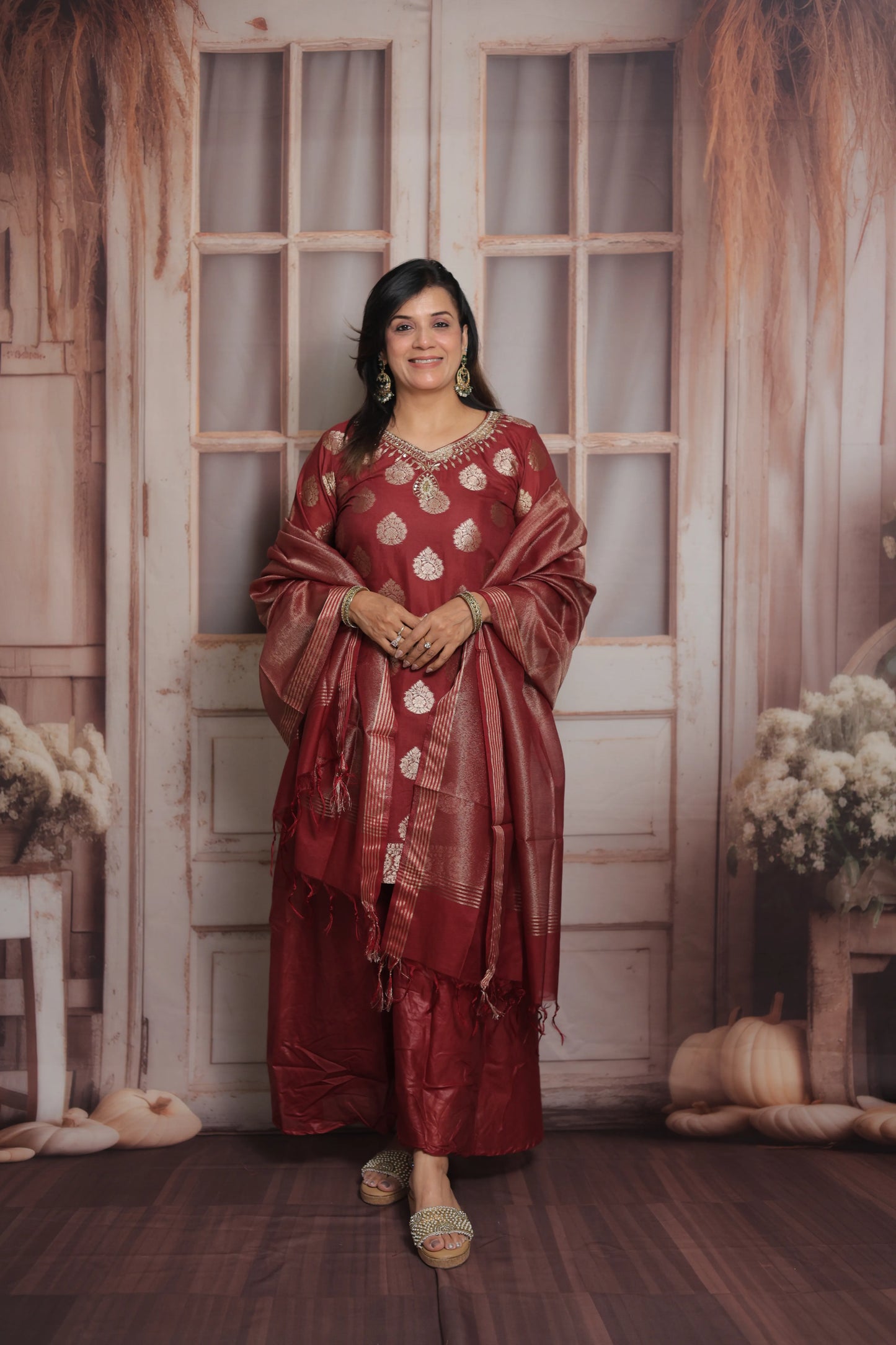 Burnt Maroon Banarasi Short Kurta Dupatta Set (Plazo Set) | Sequin & Pearl Embroidery