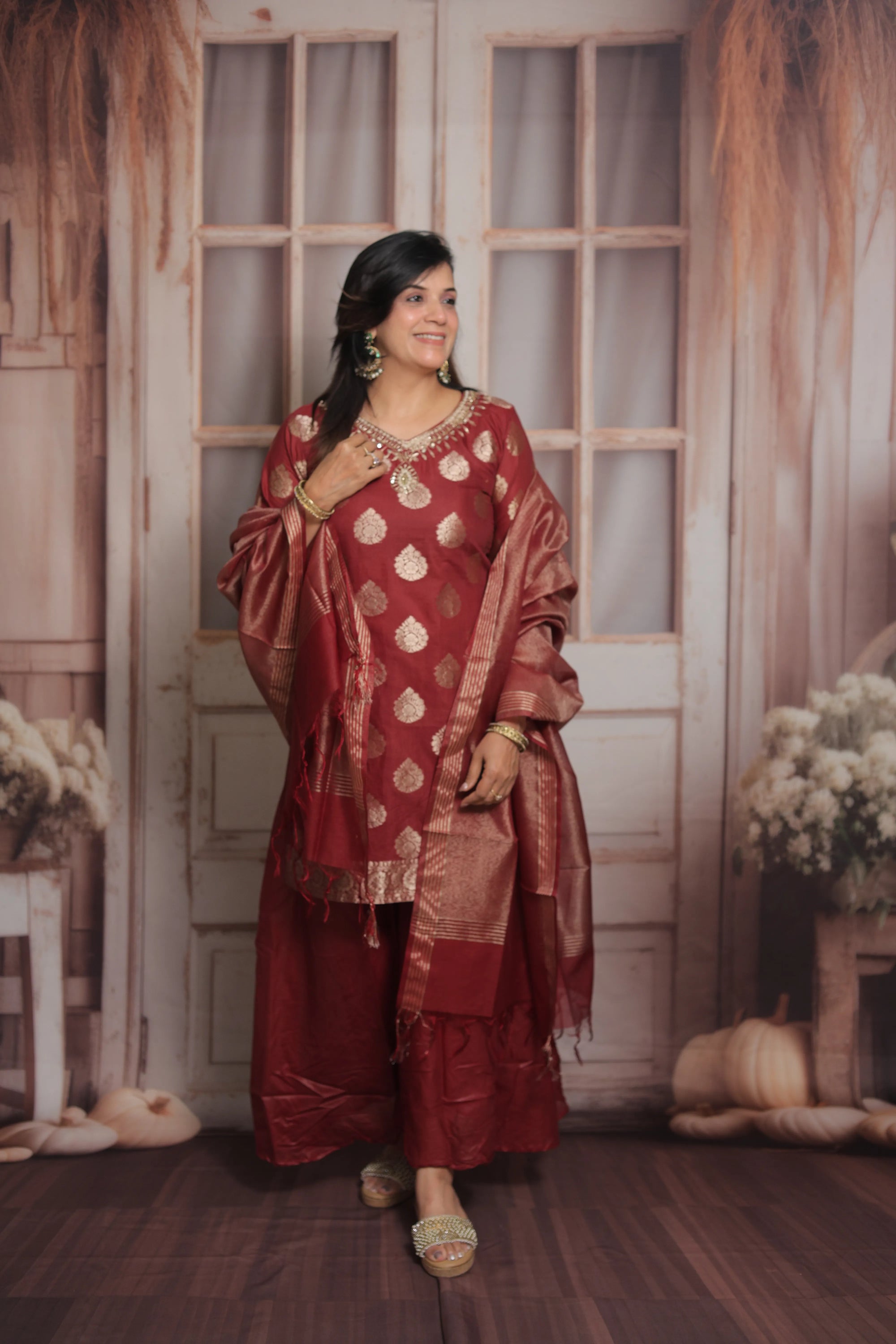 Burnt Maroon Banarasi Short Kurta Dupatta Set (Plazo Set) | Sequin & Pearl Embroidery