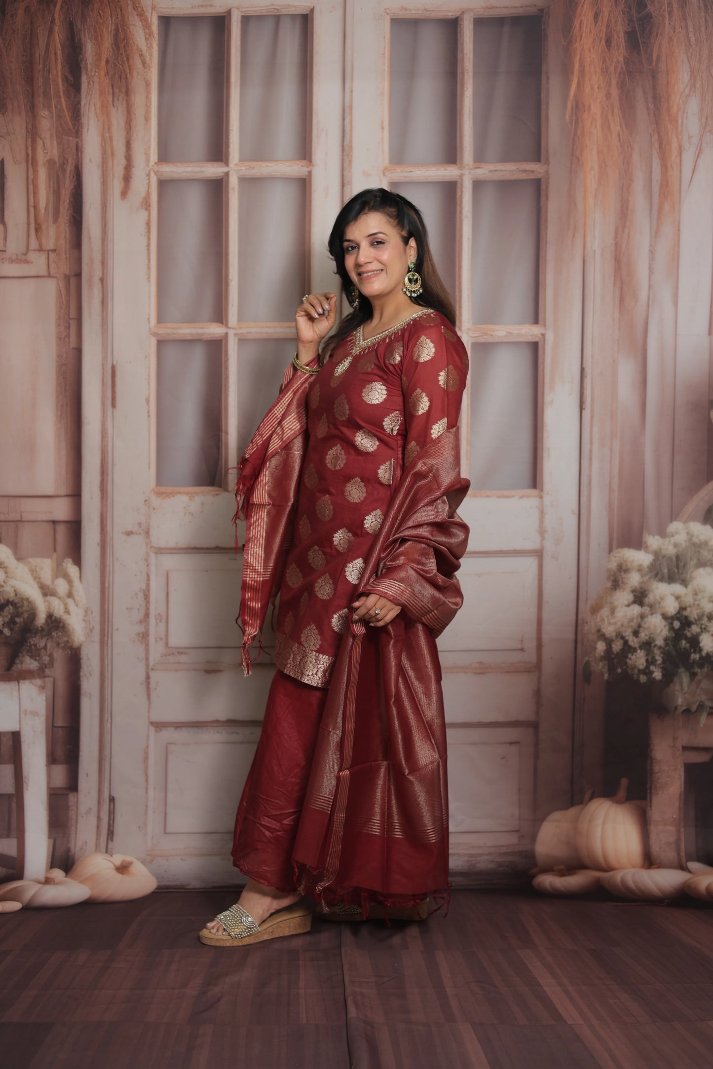 Burnt Maroon Banarasi Short Kurta Dupatta Set (Plazo Set) | Sequin & Pearl Embroidery