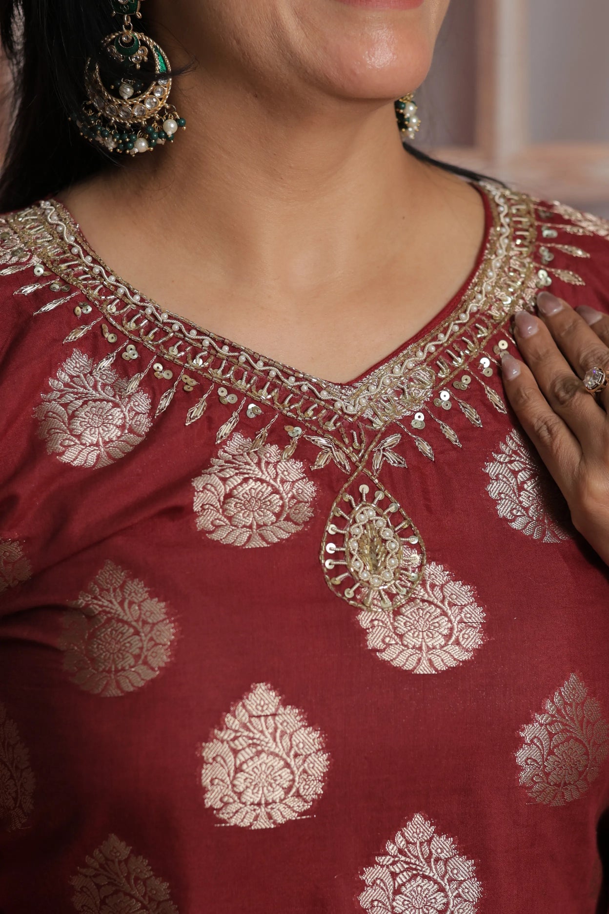 Burnt Maroon Banarasi Short Kurta Dupatta Set (Plazo Set) | Sequin & Pearl Embroidery