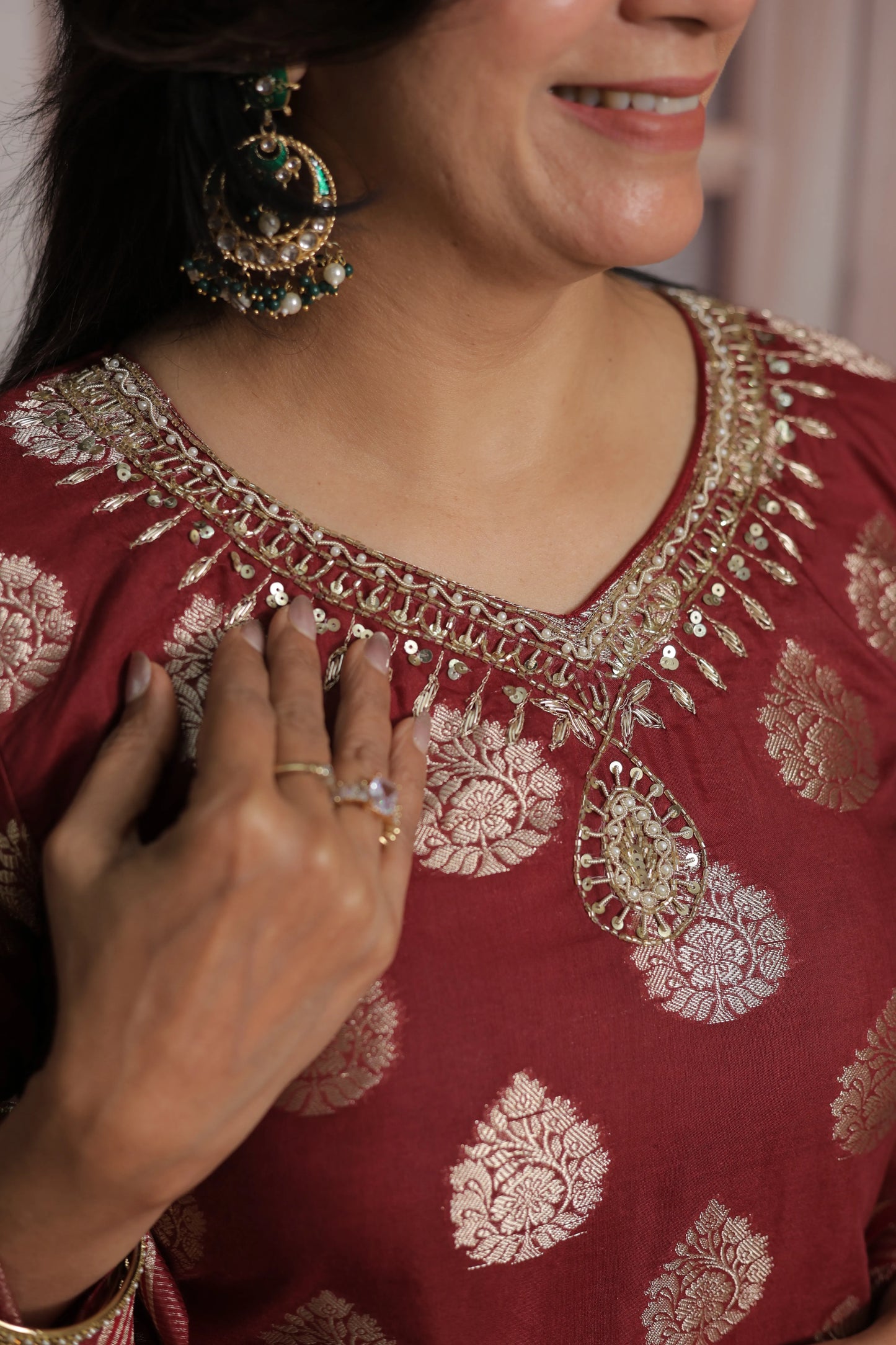 Burnt Maroon Banarasi Short Kurta Dupatta Set (Plazo Set) | Sequin & Pearl Embroidery