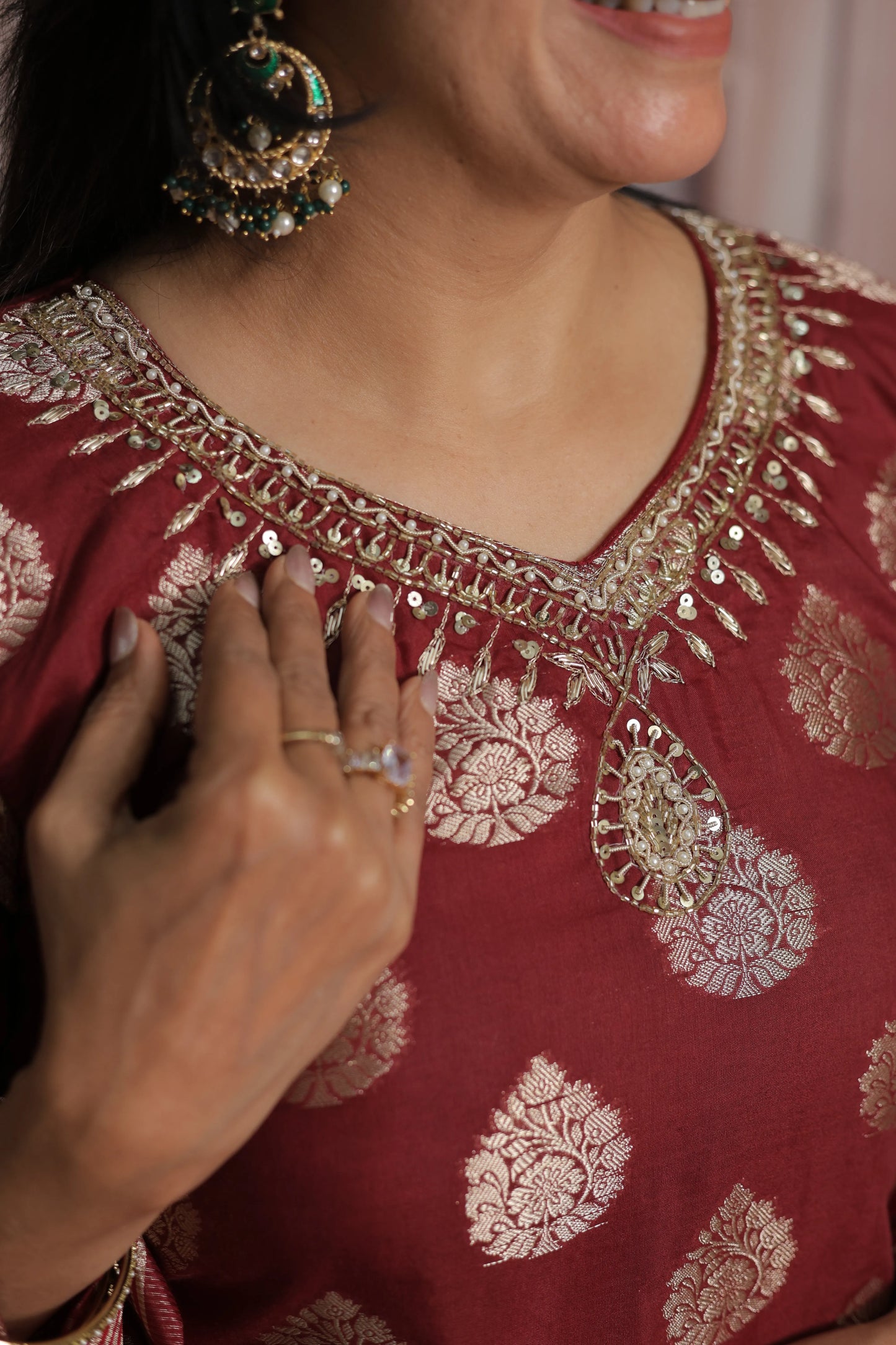 Burnt Maroon Banarasi Short Kurta Dupatta Set (Plazo Set) | Sequin & Pearl Embroidery