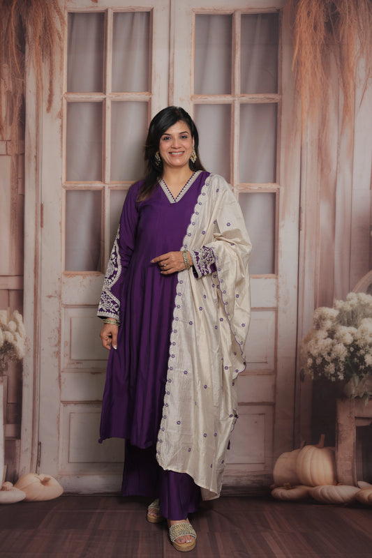 Royal Purple & White Cream Anarkali Dupatta Set (Plazo Set) | Premium Silk Fabric