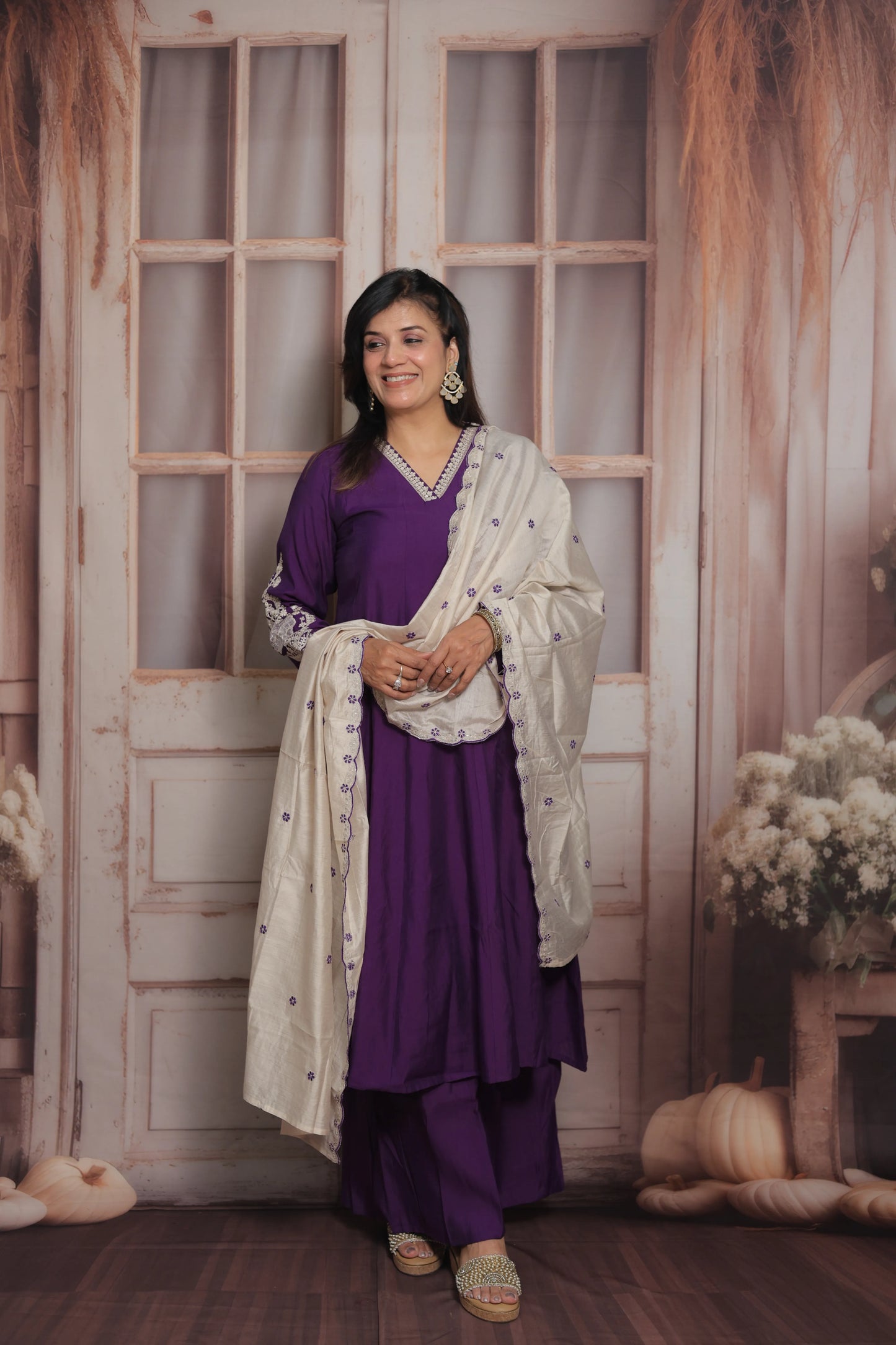 Royal Purple & White Cream Anarkali Dupatta Set (Plazo Set) | Premium Silk Fabric