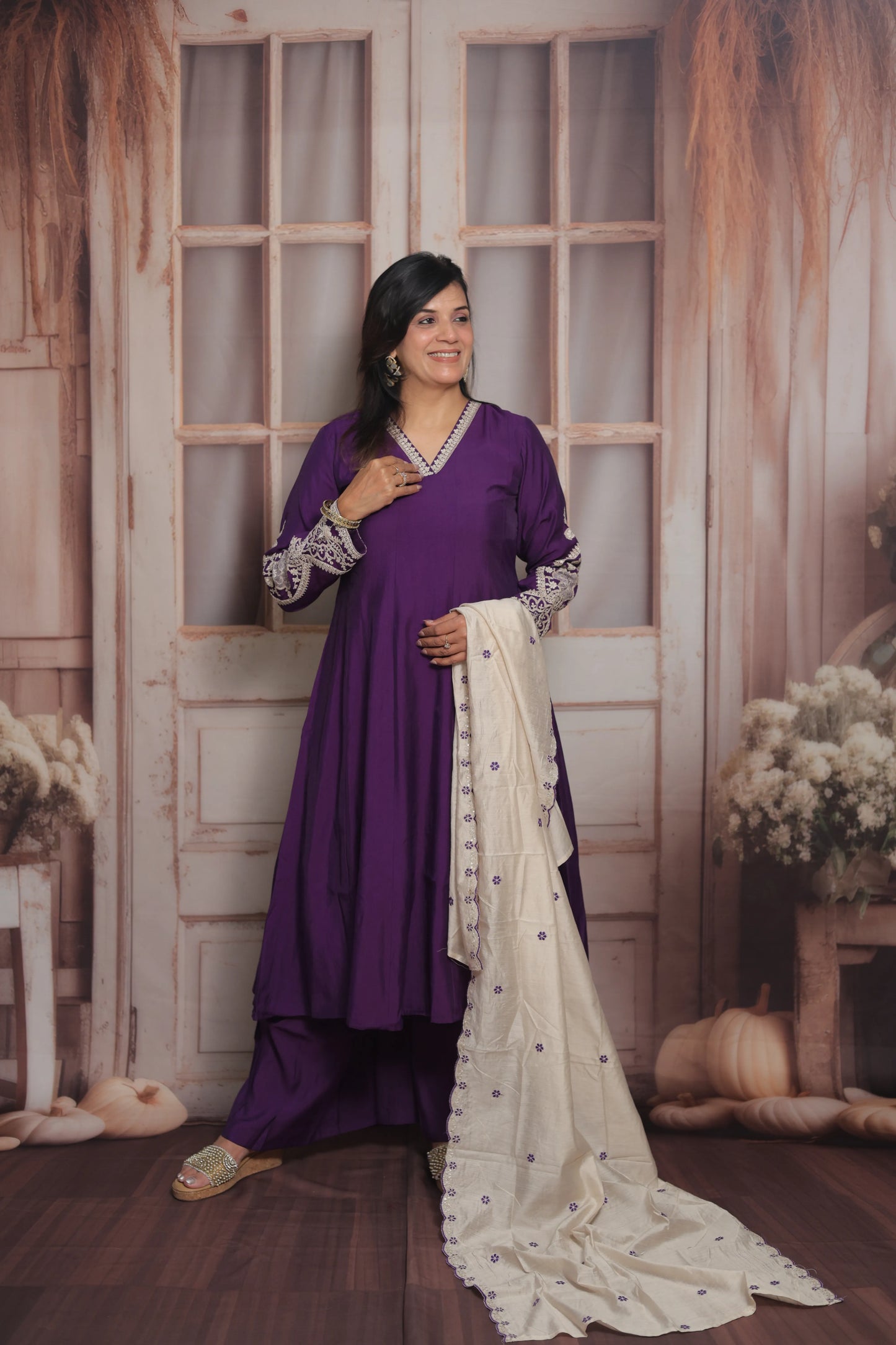 Royal Purple & White Cream Anarkali Dupatta Set (Plazo Set) | Premium Silk Fabric