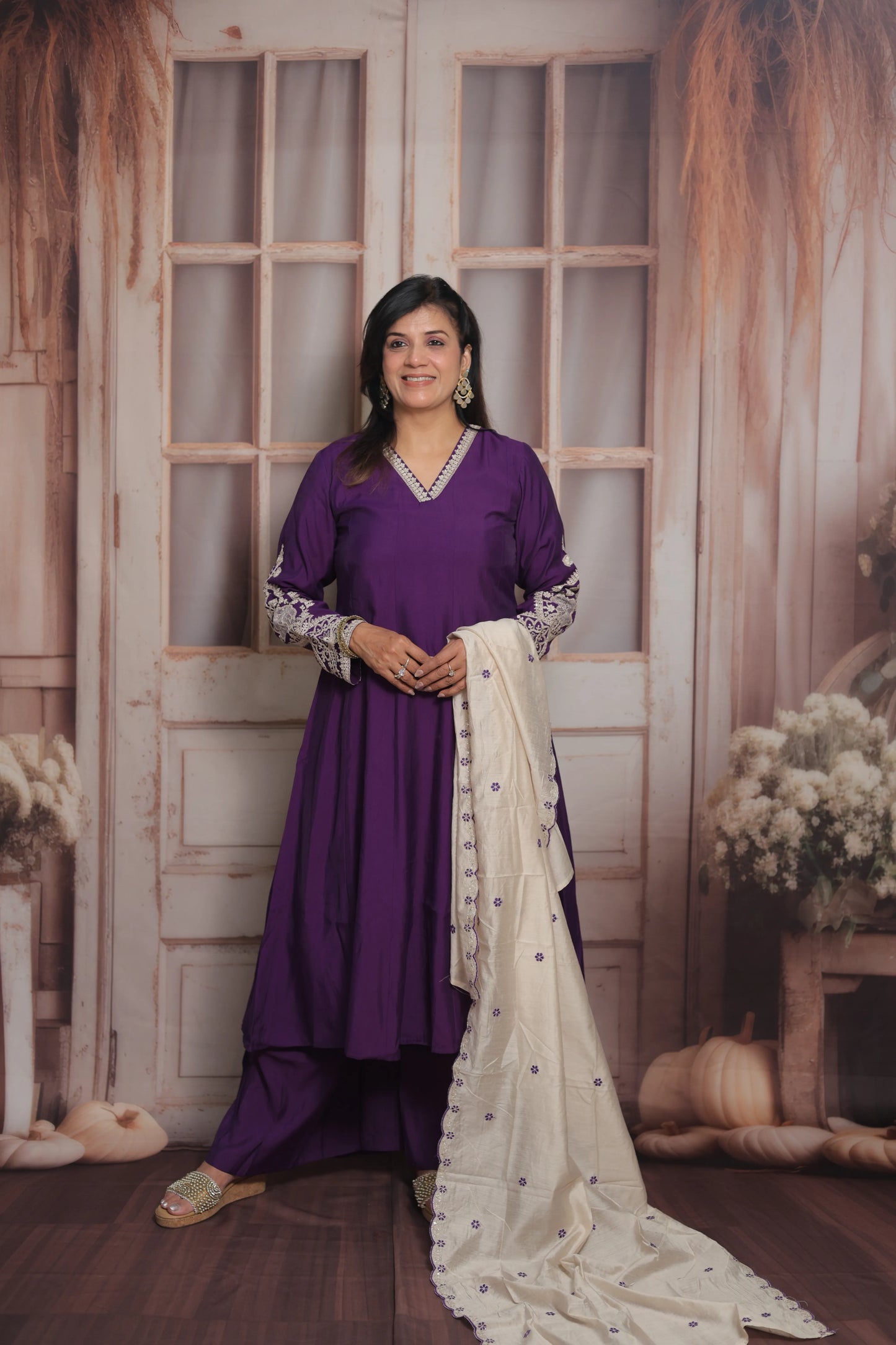 Royal Purple & White Cream Anarkali Dupatta Set (Plazo Set) | Premium Silk Fabric