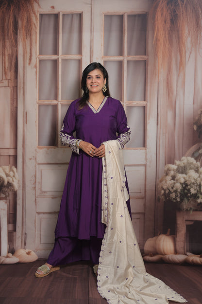 Royal Purple & White Cream Anarkali Dupatta Set (Plazo Set) | Premium Silk Fabric
