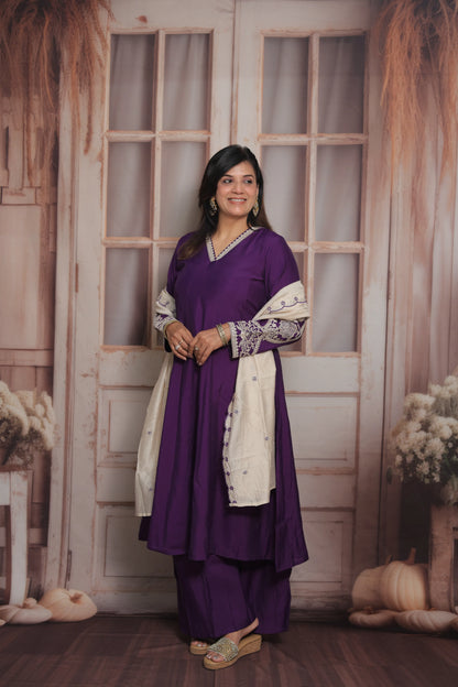 Royal Purple & White Cream Anarkali Dupatta Set (Plazo Set) | Premium Silk Fabric
