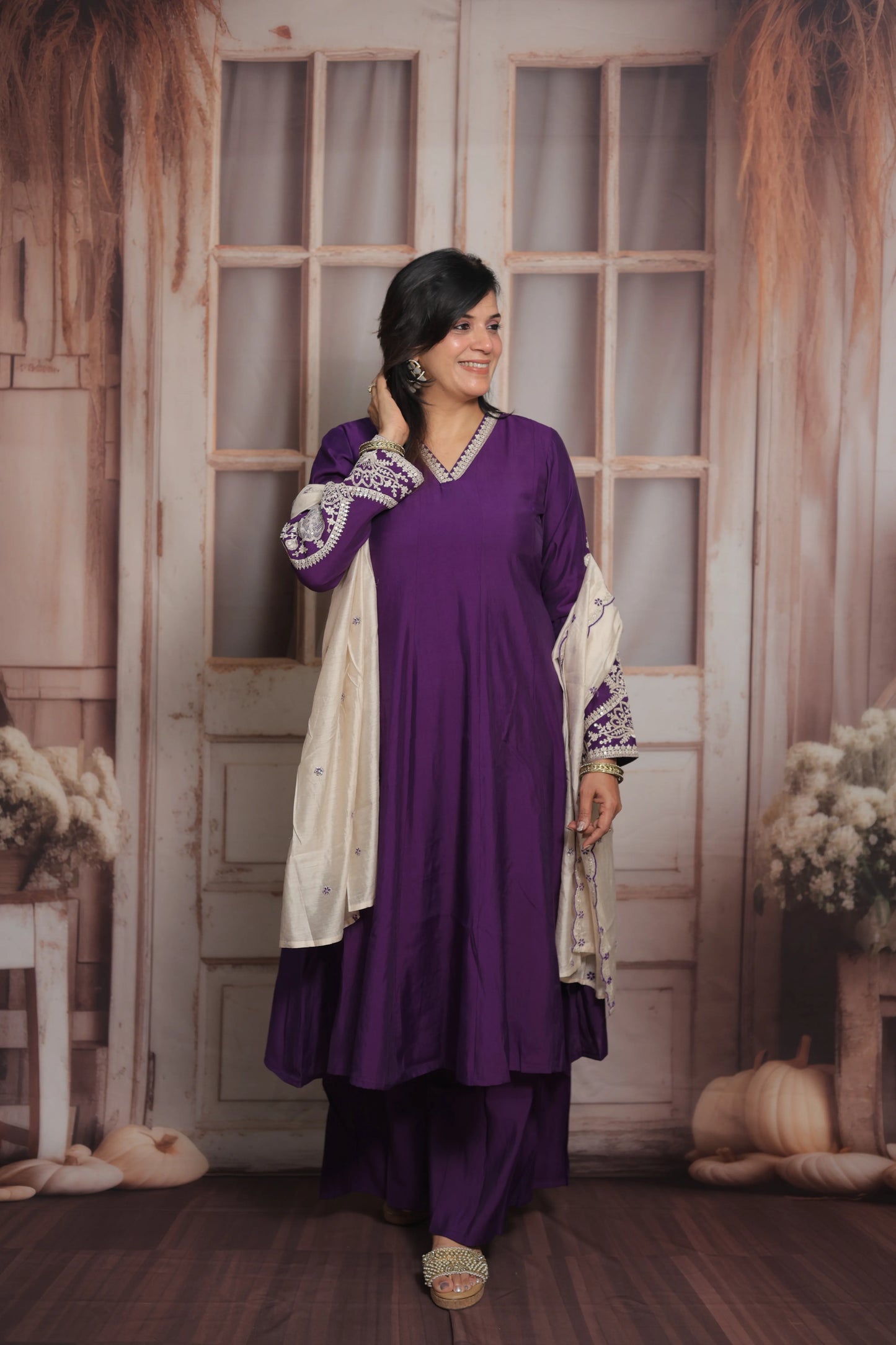 Royal Purple & White Cream Anarkali Dupatta Set (Plazo Set) | Premium Silk Fabric
