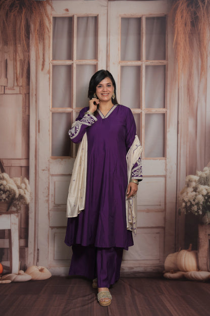 Royal Purple & White Cream Anarkali Dupatta Set (Plazo Set) | Premium Silk Fabric