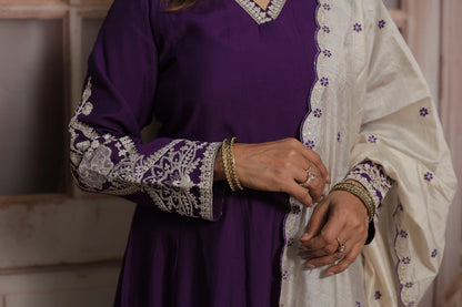 Royal Purple & White Cream Anarkali Dupatta Set (Plazo Set) | Premium Silk Fabric