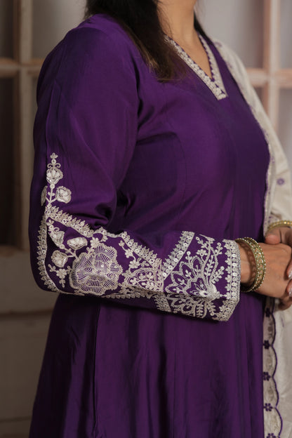 Royal Purple & White Cream Anarkali Dupatta Set (Plazo Set) | Premium Silk Fabric
