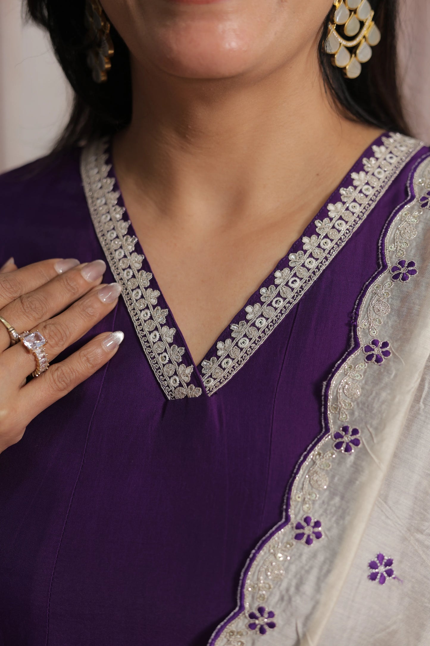 Royal Purple & White Cream Anarkali Dupatta Set (Plazo Set) | Premium Silk Fabric